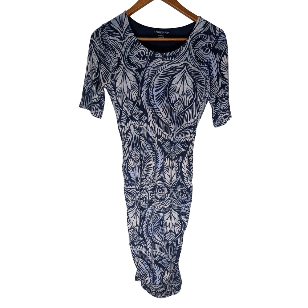 A Pea in the Pod Maternity Navy Paisley Ruched Bodycon Midi Dress Small S